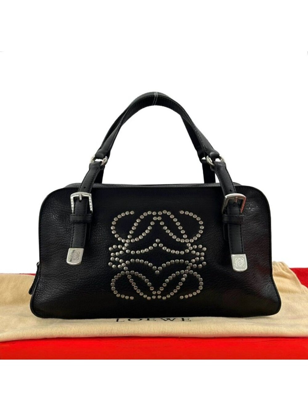 Loewe Anagram Studs Leather Mini Boston Bag Tote Black